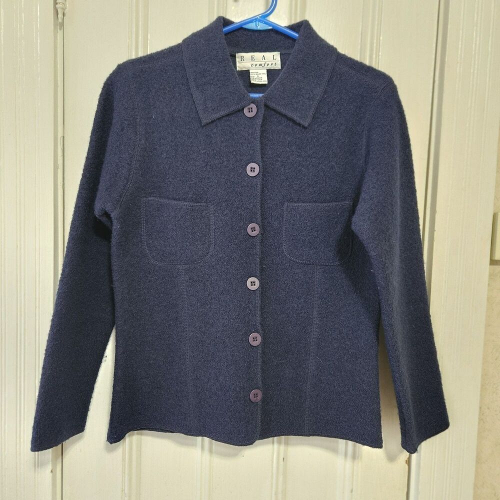 Vintage REAL Comfort Boiled Wool Jacket Navy Blue Button Front  Small